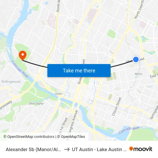 Alexander Sb (Manor/Alexander) to UT Austin - Lake Austin Campus map