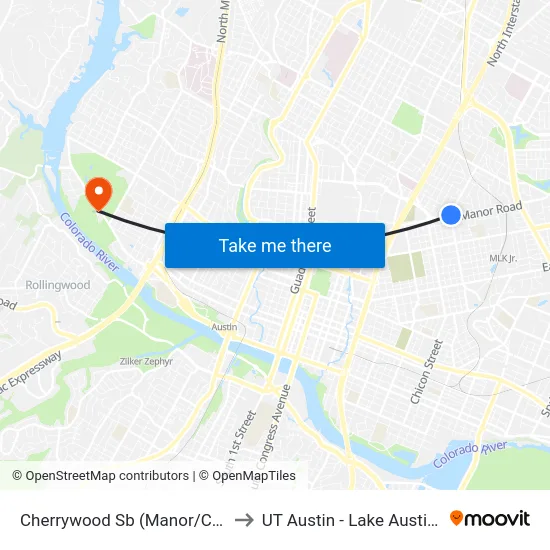 Cherrywood Sb (Manor/Cherrywood) to UT Austin - Lake Austin Campus map