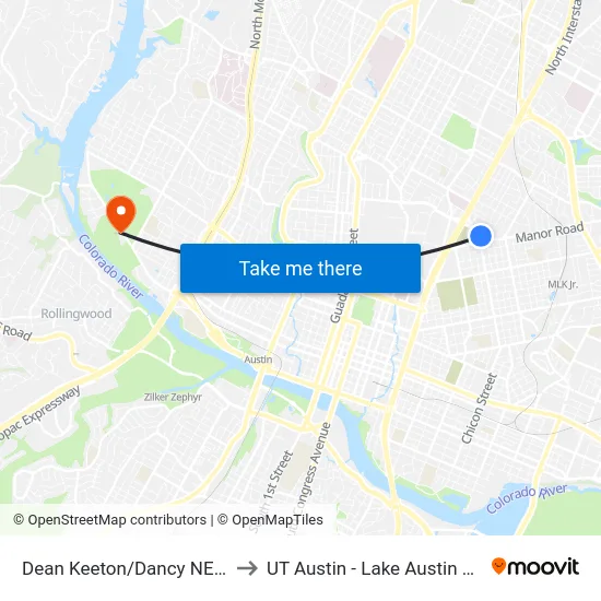 Dean Keeton/Dancy NE Corner to UT Austin - Lake Austin Campus map