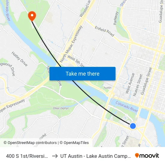 400 S 1st/Riverside to UT Austin - Lake Austin Campus map