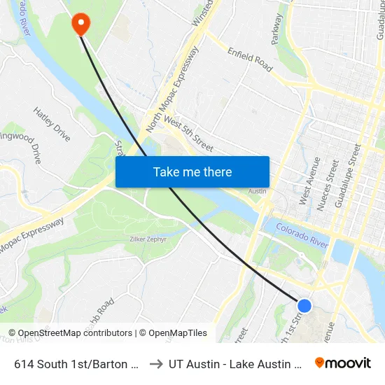614 South 1st/Barton Springs to UT Austin - Lake Austin Campus map