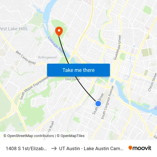 1408 S 1st/Elizabeth to UT Austin - Lake Austin Campus map