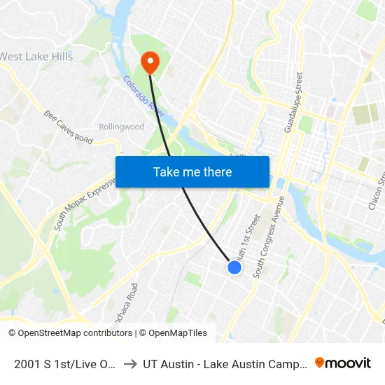 2001 S 1st/Live Oak to UT Austin - Lake Austin Campus map
