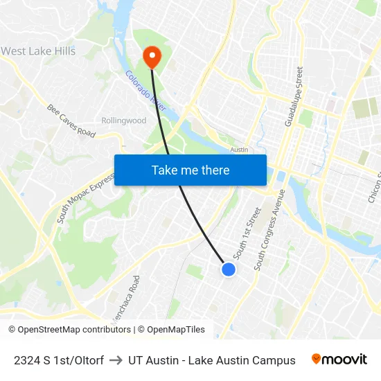 2324 S 1st/Oltorf to UT Austin - Lake Austin Campus map