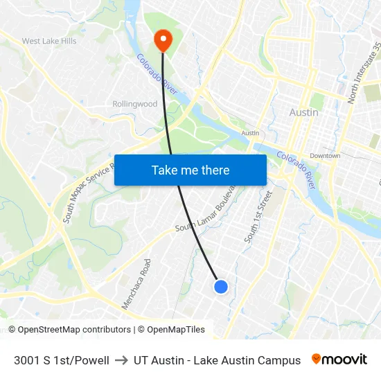 3001 S 1st/Powell to UT Austin - Lake Austin Campus map