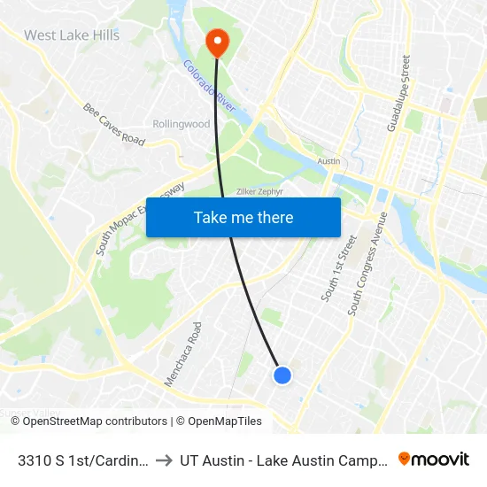 3310 S 1st/Cardinal to UT Austin - Lake Austin Campus map