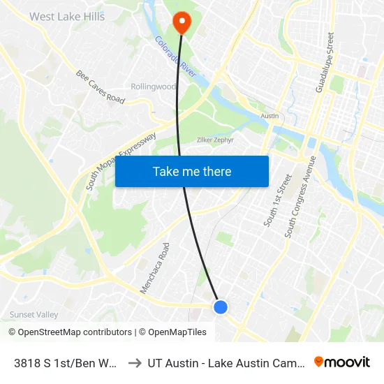 3818 S 1st/Ben White to UT Austin - Lake Austin Campus map