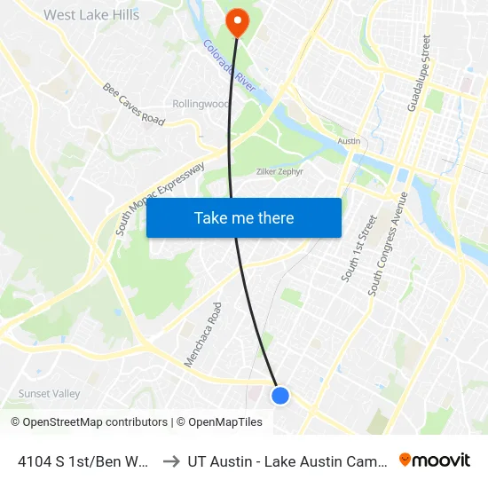 4104 S 1st/Ben White to UT Austin - Lake Austin Campus map