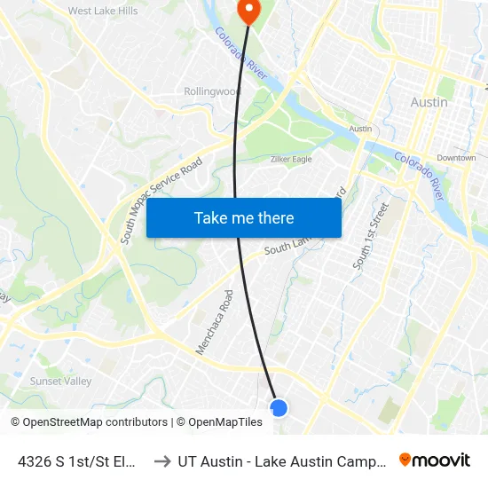 4326 S 1st/St Elmo to UT Austin - Lake Austin Campus map