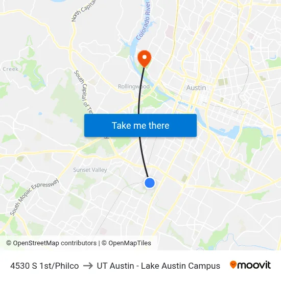 4530 S 1st/Philco to UT Austin - Lake Austin Campus map