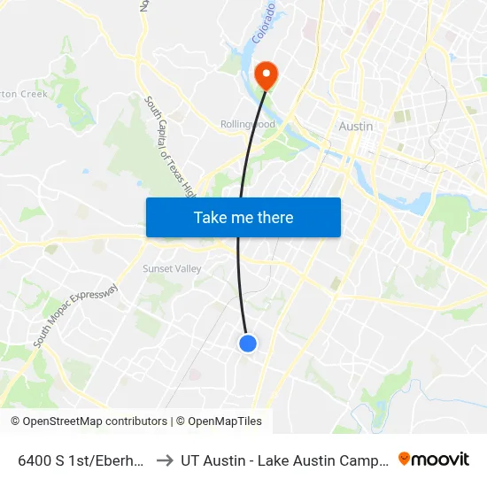 6400 S 1st/Eberhart to UT Austin - Lake Austin Campus map