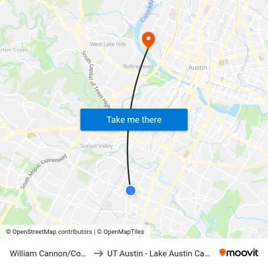 William Cannon/Cooper to UT Austin - Lake Austin Campus map