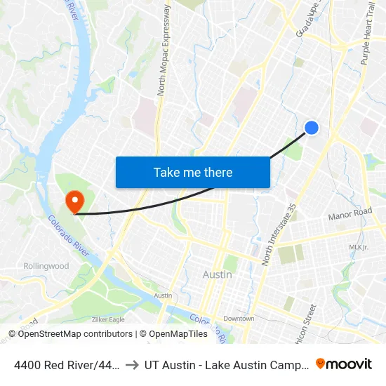 4400 Red River/44th to UT Austin - Lake Austin Campus map