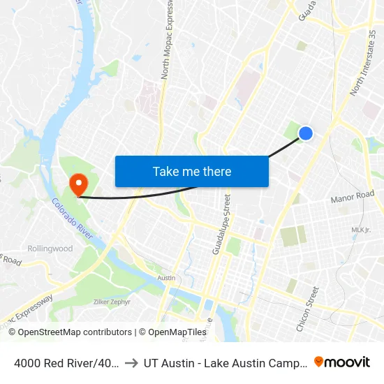 4000 Red River/40th to UT Austin - Lake Austin Campus map