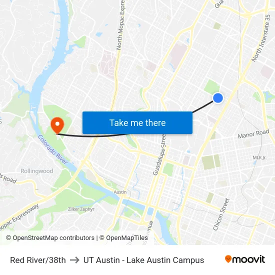 Red River/38th to UT Austin - Lake Austin Campus map