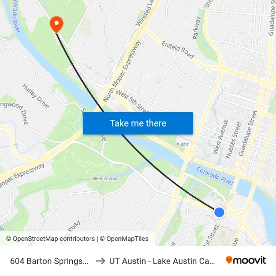 604 Barton Springs/1st to UT Austin - Lake Austin Campus map