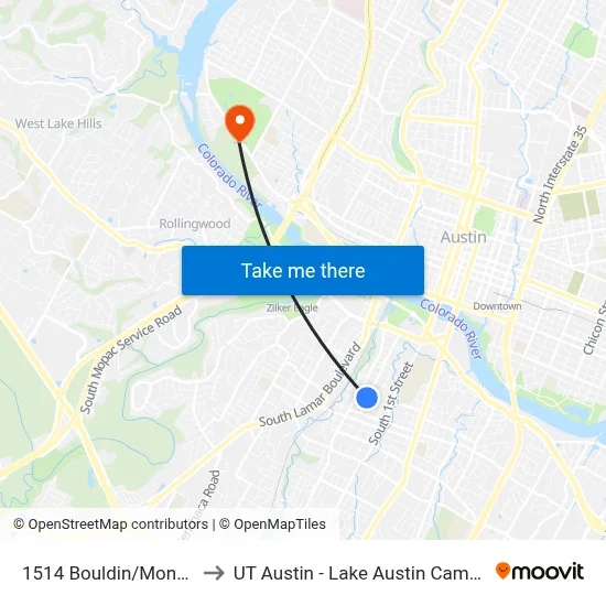 1514 Bouldin/Monroe to UT Austin - Lake Austin Campus map