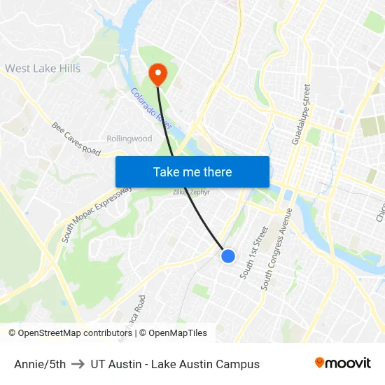 Annie/5th to UT Austin - Lake Austin Campus map