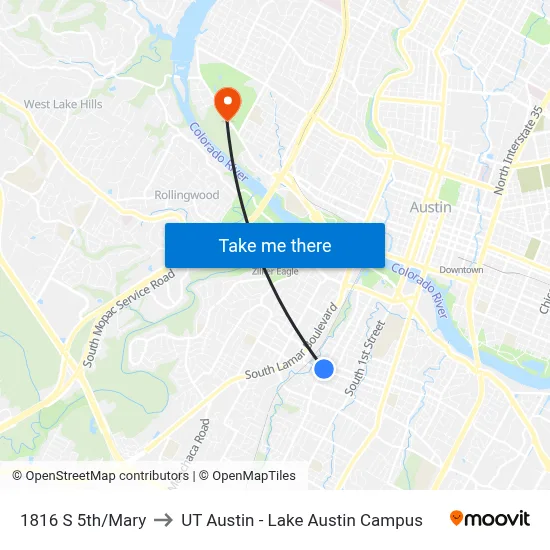 1816 S 5th/Mary to UT Austin - Lake Austin Campus map