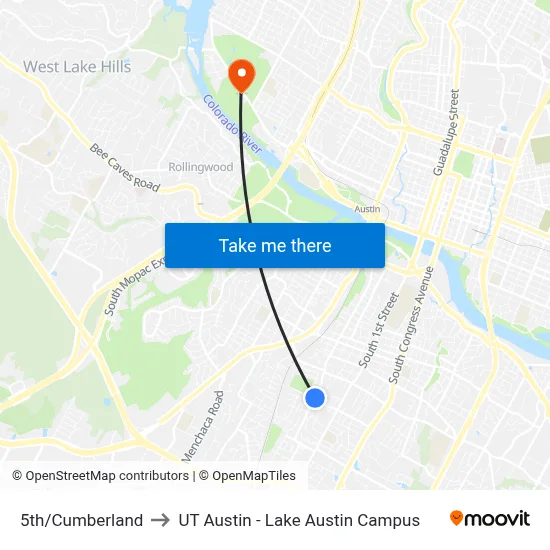 5th/Cumberland to UT Austin - Lake Austin Campus map