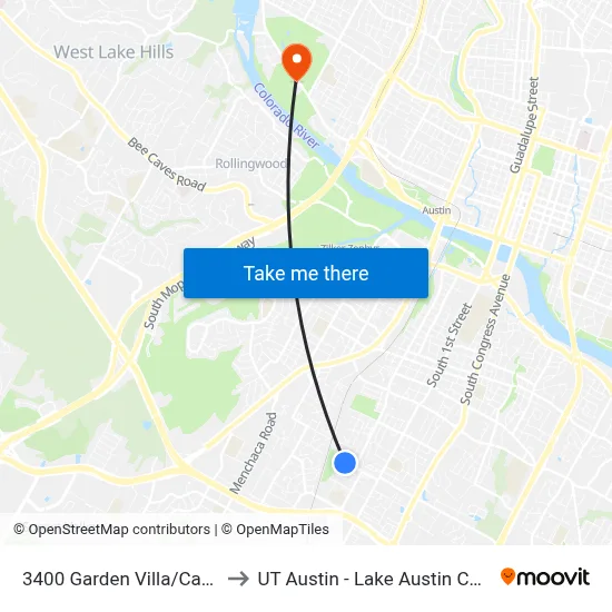 3400 Garden Villa/Cardinal to UT Austin - Lake Austin Campus map