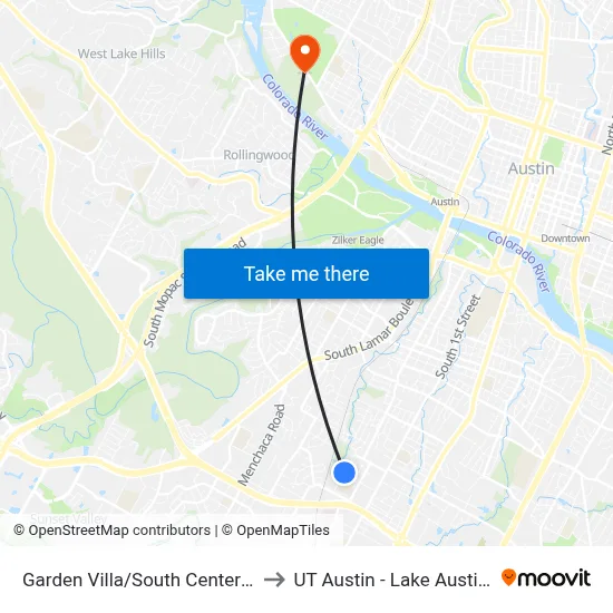 Garden Villa/South Center NW Corner to UT Austin - Lake Austin Campus map