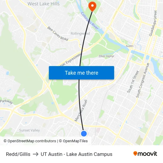 Redd/Gillis to UT Austin - Lake Austin Campus map