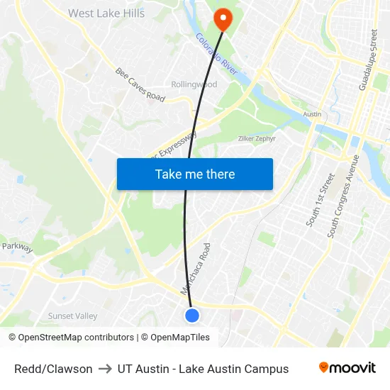 Redd/Clawson to UT Austin - Lake Austin Campus map