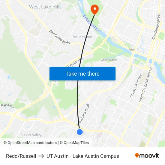 Redd/Russell to UT Austin - Lake Austin Campus map