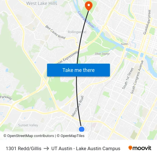 1301 Redd/Gillis to UT Austin - Lake Austin Campus map