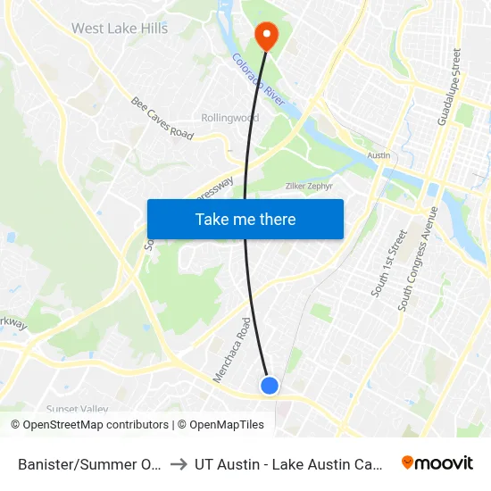 Banister/Summer Oaks to UT Austin - Lake Austin Campus map