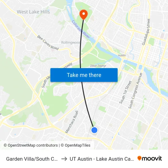 Garden Villa/South Center to UT Austin - Lake Austin Campus map