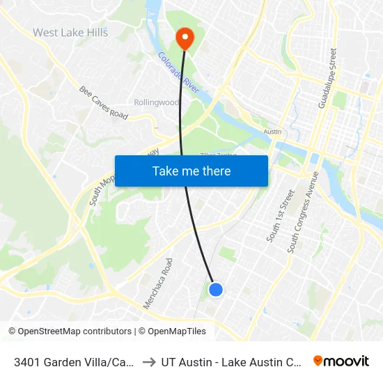 3401 Garden Villa/Cardinal to UT Austin - Lake Austin Campus map