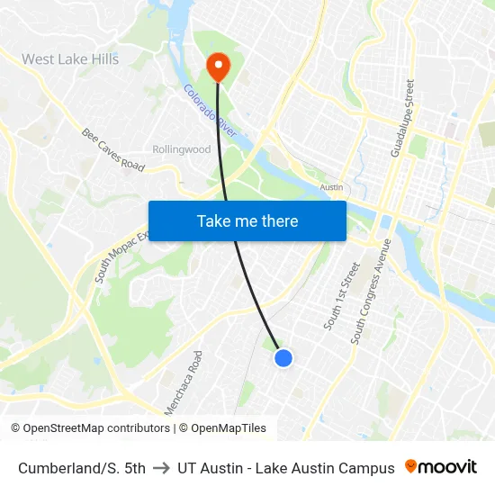 Cumberland/S. 5th to UT Austin - Lake Austin Campus map