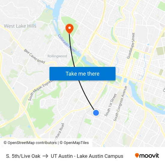 S. 5th/Live Oak to UT Austin - Lake Austin Campus map