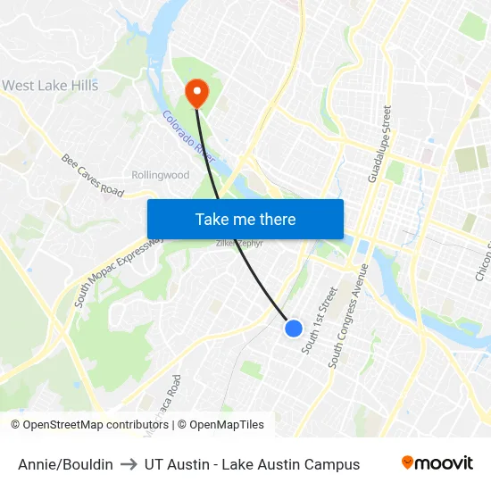 Annie/Bouldin to UT Austin - Lake Austin Campus map
