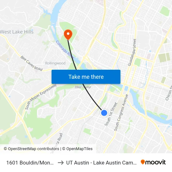 1601 Bouldin/Monroe to UT Austin - Lake Austin Campus map