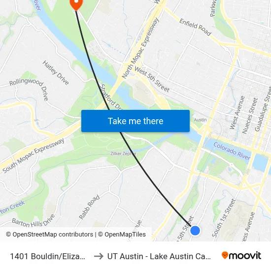 1401 Bouldin/Elizabeth to UT Austin - Lake Austin Campus map