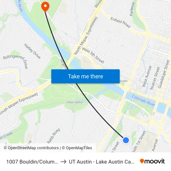 1007 Bouldin/Columbus to UT Austin - Lake Austin Campus map