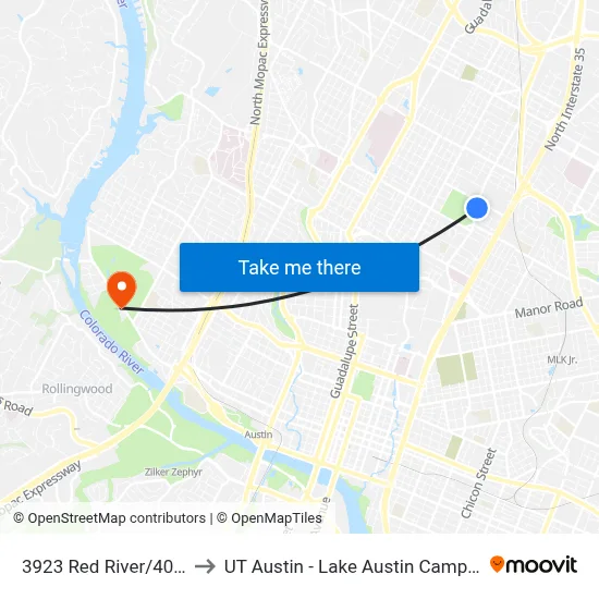 3923 Red River/40th to UT Austin - Lake Austin Campus map