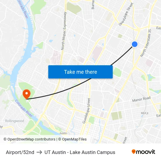 Airport/52nd to UT Austin - Lake Austin Campus map