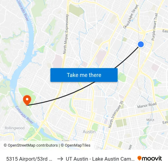 5315 Airport/53rd Half to UT Austin - Lake Austin Campus map