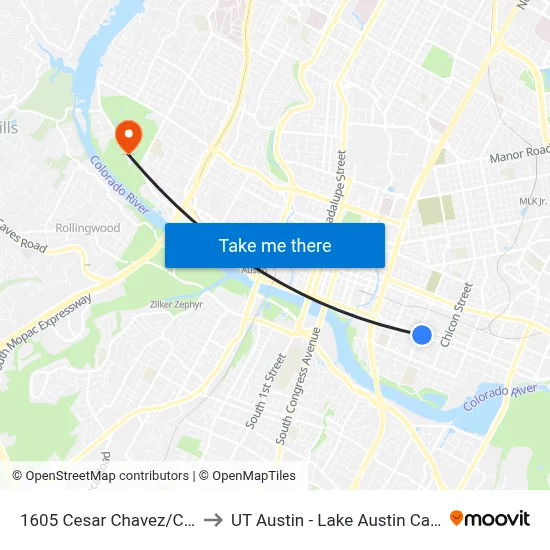 1605 Cesar Chavez/Comal to UT Austin - Lake Austin Campus map
