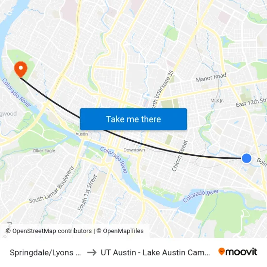 Springdale/Lyons Nb to UT Austin - Lake Austin Campus map