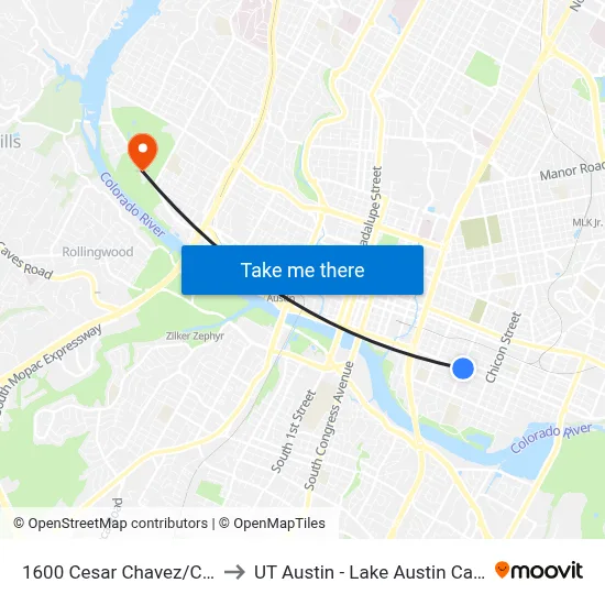 1600 Cesar Chavez/Comal to UT Austin - Lake Austin Campus map