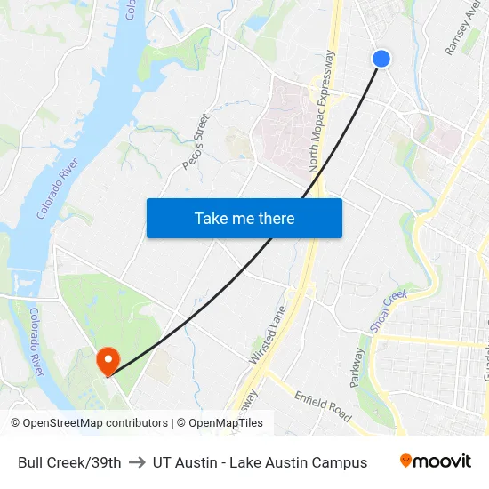 Bull Creek/39th to UT Austin - Lake Austin Campus map
