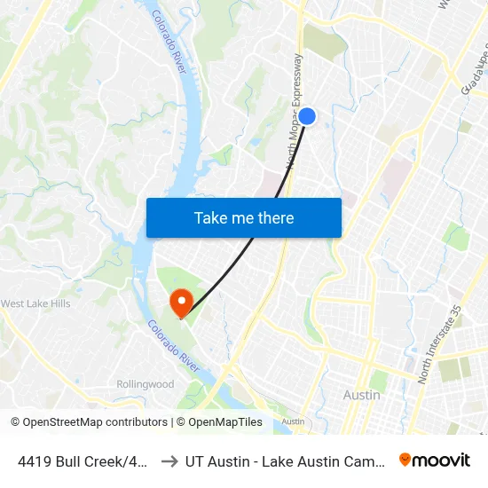 4419 Bull Creek/45th to UT Austin - Lake Austin Campus map