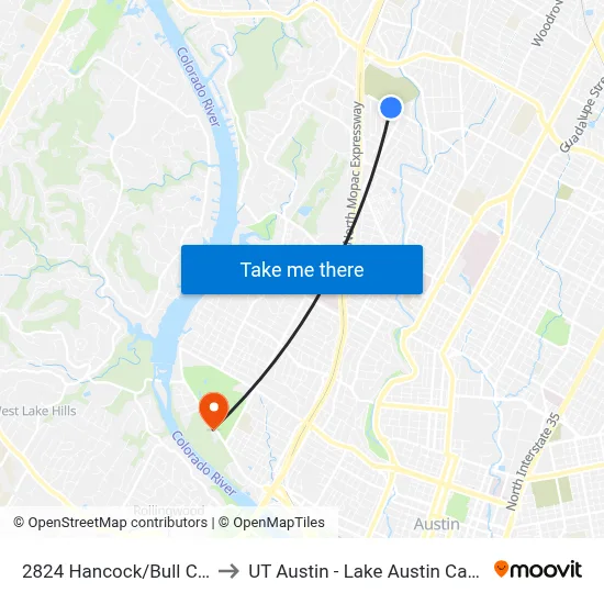 2824 Hancock/Bull Creek to UT Austin - Lake Austin Campus map