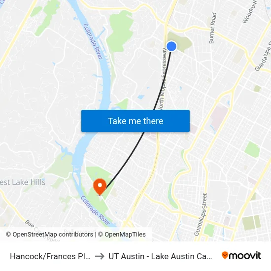 Hancock/Frances Place to UT Austin - Lake Austin Campus map