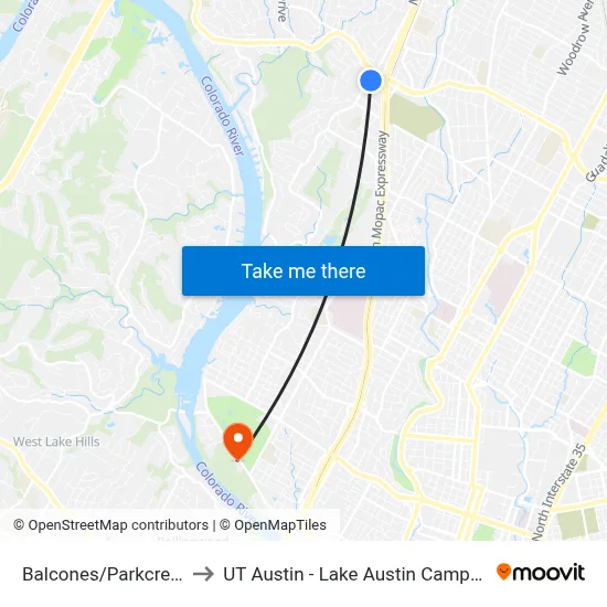 Balcones/Parkcrest to UT Austin - Lake Austin Campus map